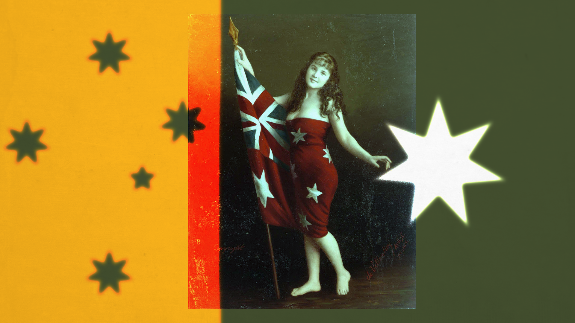 Vintage photo of a woman wrapped in the red ensign, overlayed with a republican Australian flag